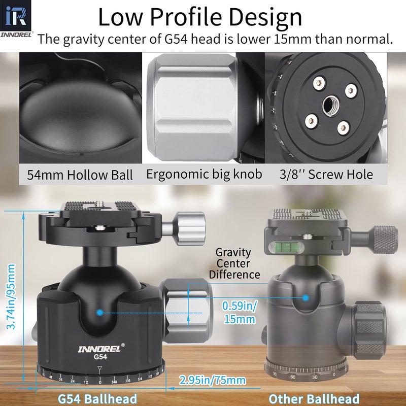 Innorel Low Profile Tripod Ball Head-INNOREL Panoramic CNC Metal Camera Tripod Ballhead with 1/4" Arca Swiss Quick Release Plate Aluminum Alloy head for Tripods,Monopod,DSLR,Camcorder,Max Load 66lb/30kg (G54) - Image 3
